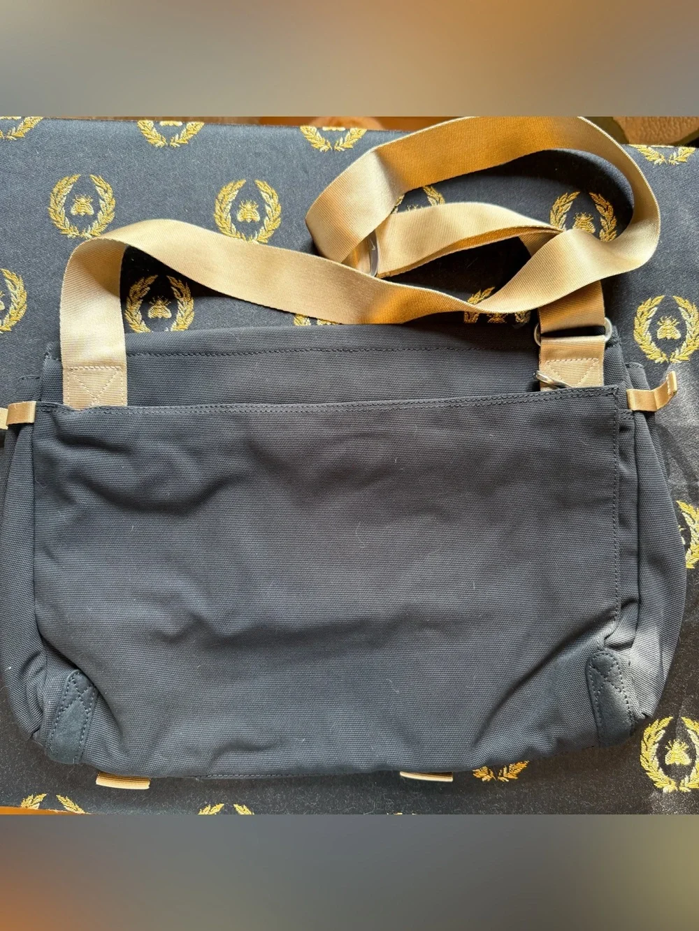 Nike Black Canvas Messenger Bag with Tan Straps